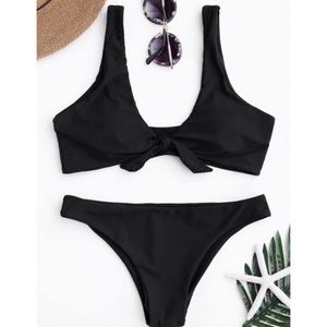 Zaful Tie Front Padded Black Bikini Set